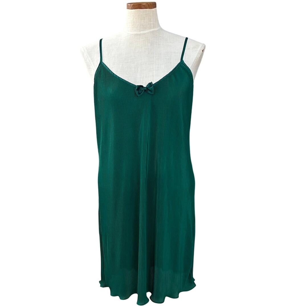 Vintage Deadstock Emerald Accordion Pleated Slip Dress SIZE L Sexy Chemise Sleep